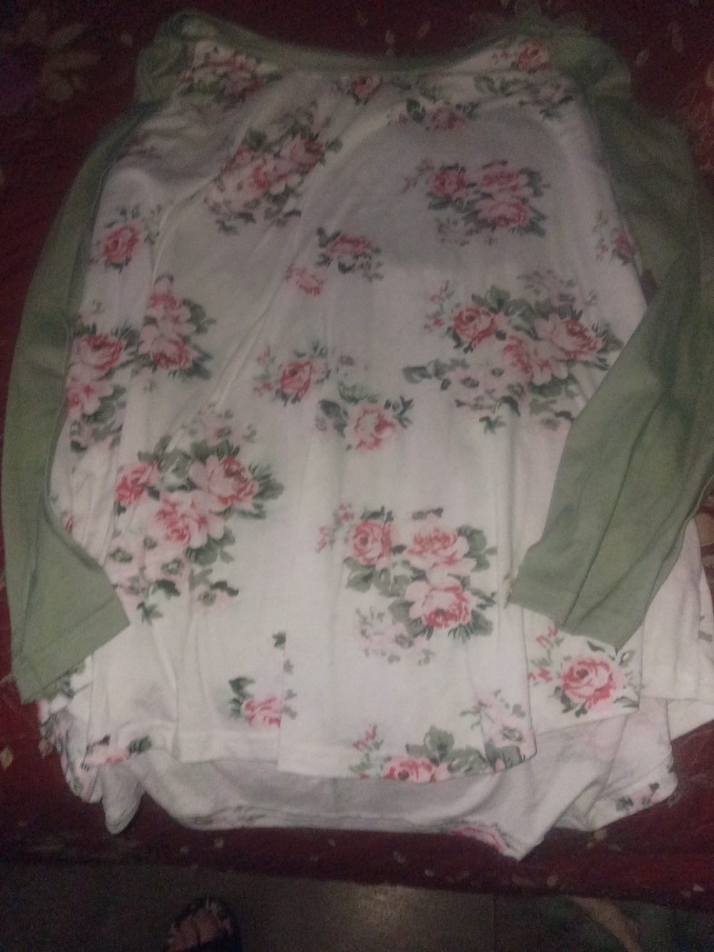 BloomChic White Floral Long Sleeve Tee with Green Sleeves
